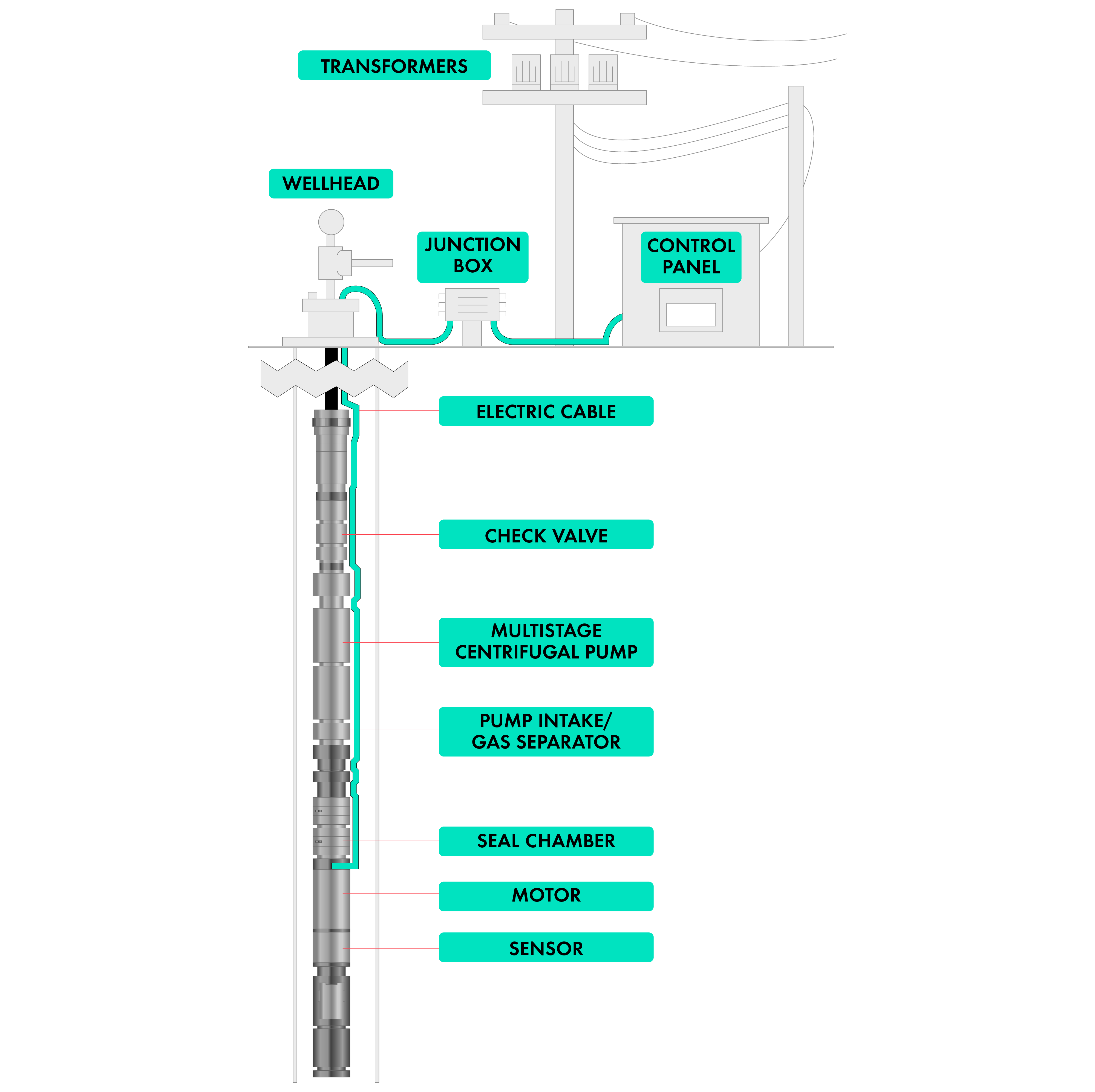 ESPs contain many valves, cables and components