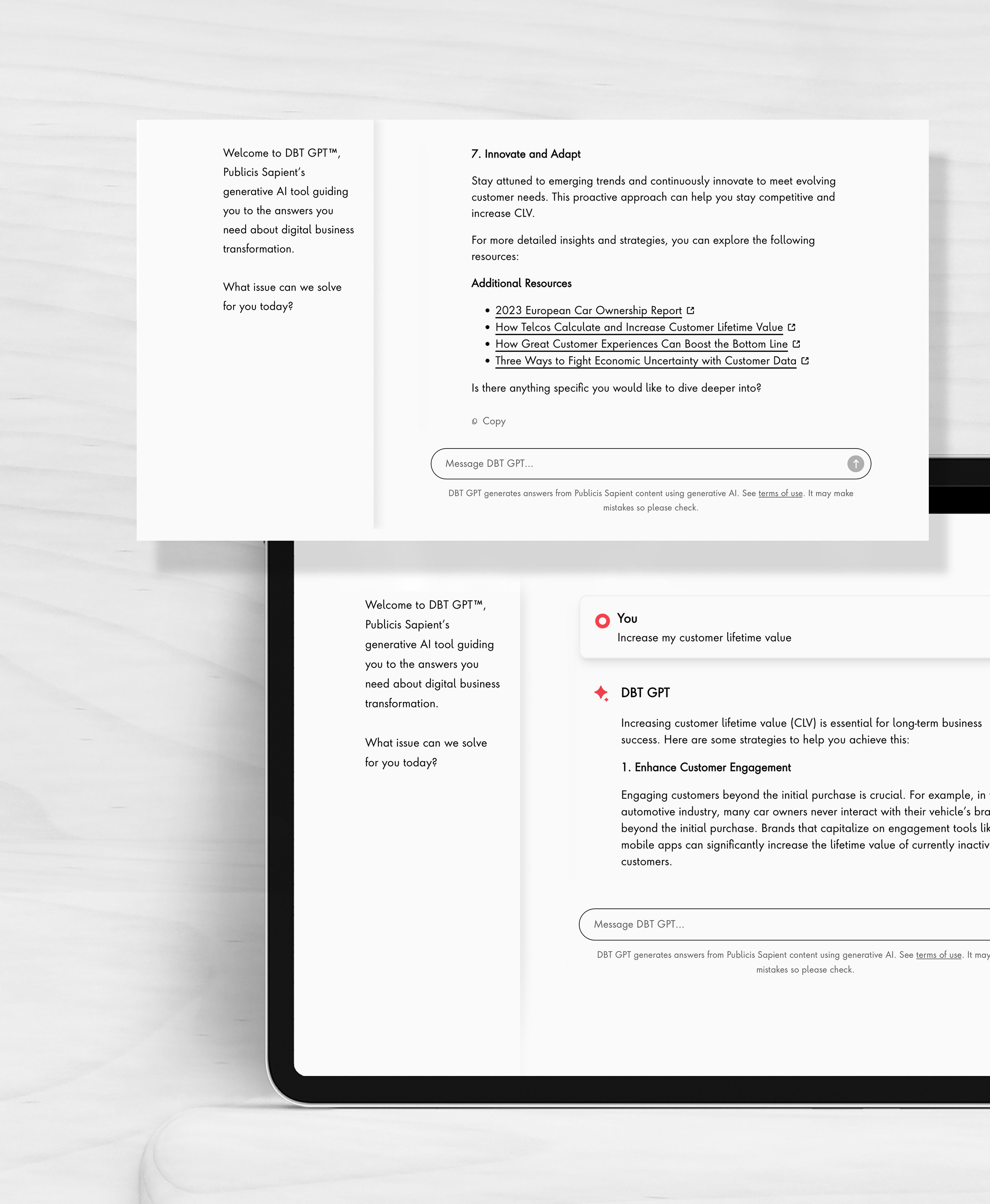 DBT GPT interface showcasing the potential for further reading with links to other articles, Interface of Publicis Sapient's AI Chatbot for Digital Business Transformation