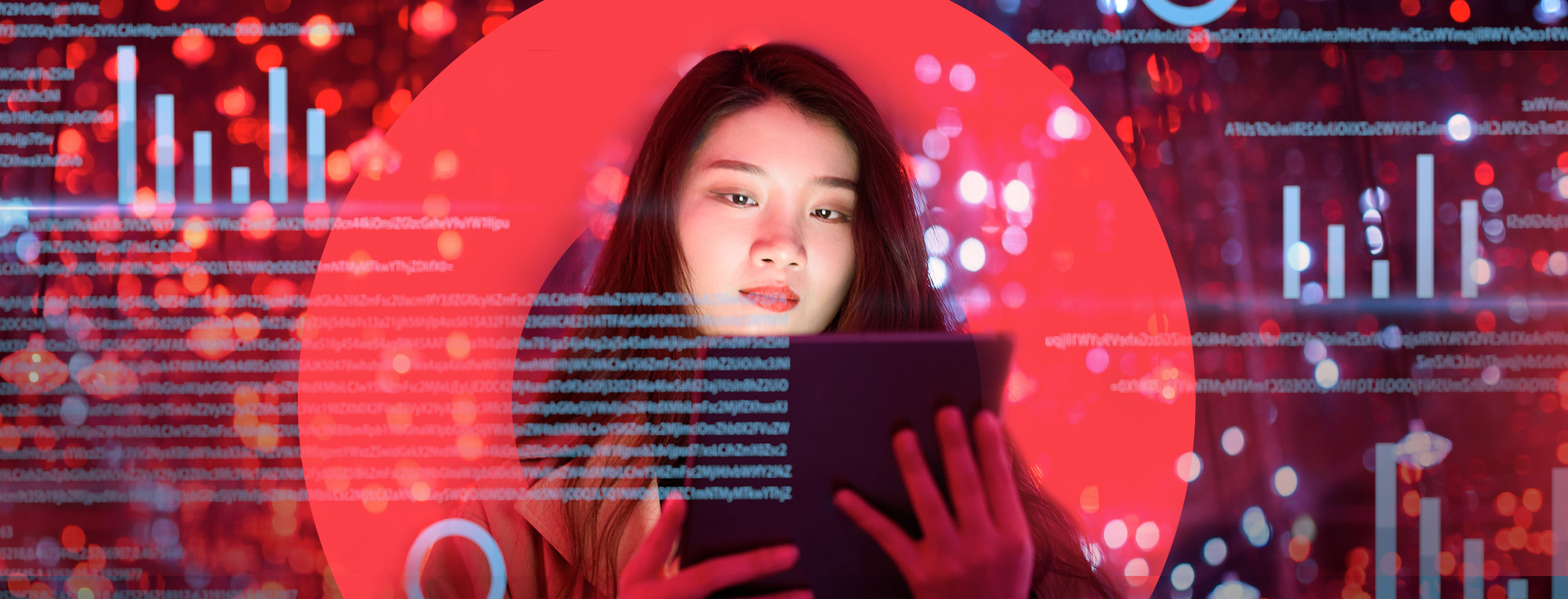 Woman reads tablet while surrounded by lights and numbers.