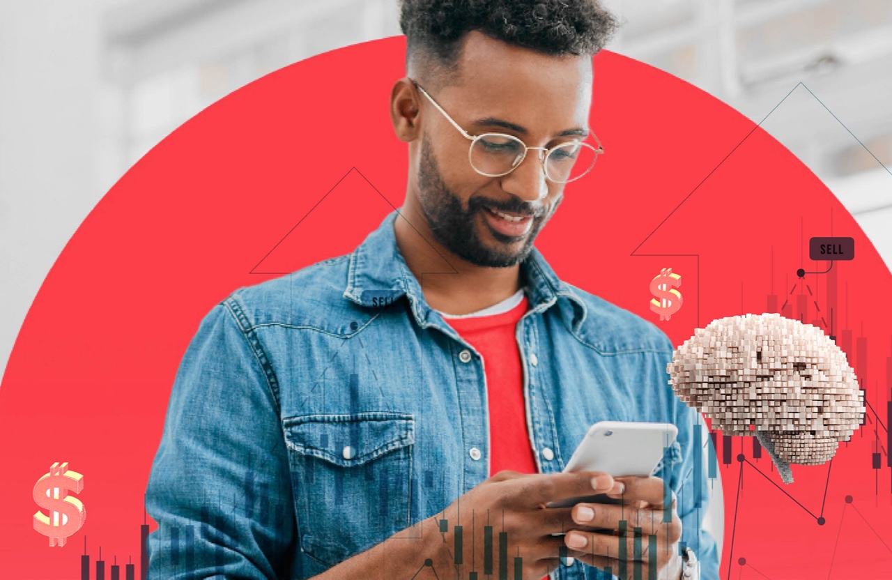 man holding mobile device surrounded by data graphs with purchase points called out and dollar signs in background