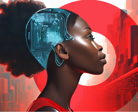 Side of woman’s head featuring Gen AI imagery; looking ahead with red background feature