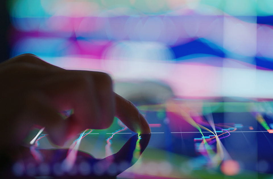 A stylized close-up of a woman’s hand and index finger interacting with a finance app on a tablet.